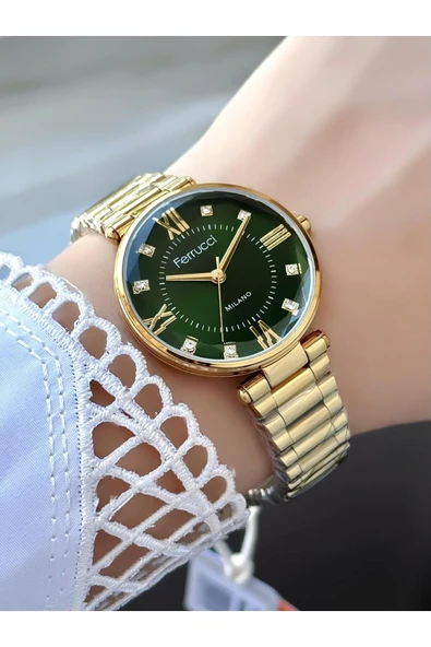 Milano Yuvarlak Gümüş Kadran Gold & Gümüş Metal Kordon Kadın Kol Saati  Yeşil ürün görseli 1
