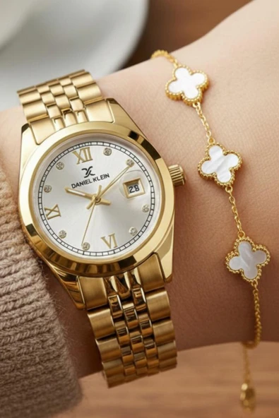 Kadın Rose Gold Roma Rakamlı, Taşlı Kadran, Bileklik Hediye Takvimli Kadın Kol Saati  Altın ürün görseli 1