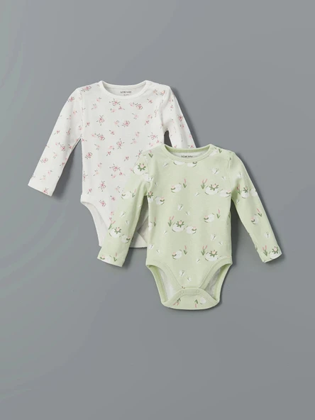 LCW baby Ekru Baskılı Kız Bebek Çıtçıtlı Bodysuit 2'li ürün görseli 1