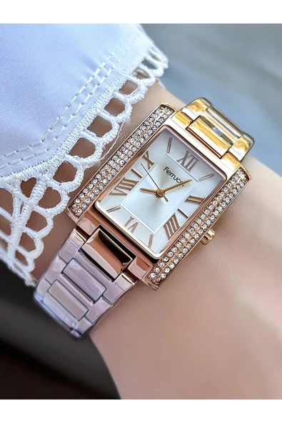 Dikdörtgen Taşlı Rose Gold Metal Kordon Kadın Kol Saati  Rose ürün görseli 1