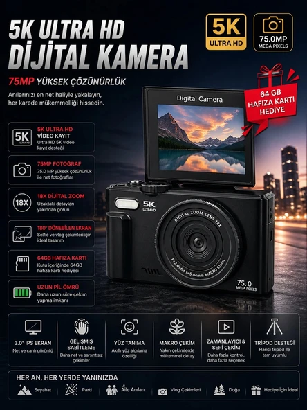 5K 75MP 18X Zoom Flaşlı 3” Flip Ekranlı Türkçe 64GB Kart Dijital Vlog Fotoğraf Makinesi ürün görseli 1