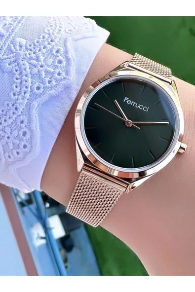 Kadın Rose Altın Hasır Kordon Ince Çerçeveli Şık Quartz Kol Saati - Metal Kasa, Yuvarlak Kadran Rose Yeşil ürün görseli 1