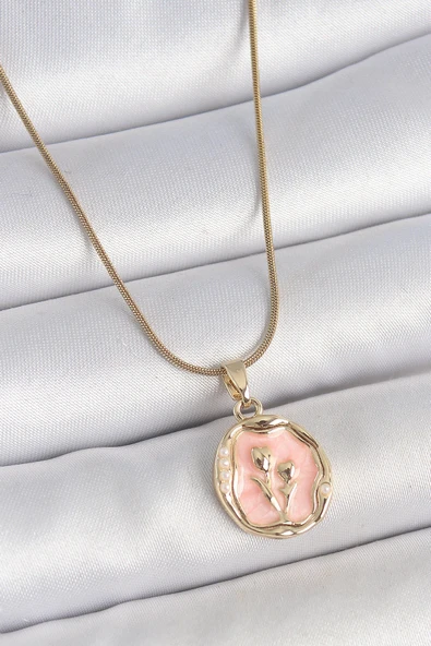 316L Çelik Gold Renk Zincir Pembe Mineli Çiçek İşlemeli Portre Model Kadın Kolye ürün görseli 1