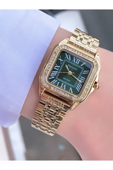 Kadın Gold Kare Vintage Zümrüt Kardan Metal Kordon Kol Saati - Zarif Taş Detaylı Romen Rakamlı ürün görseli 1