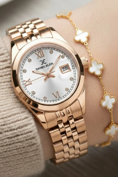 Kadın Rose Gold Roma Rakamlı, Taşlı Kadran, Bileklik Hediye Takvimli Kadın Kol Saati  Rose ürün görseli 1