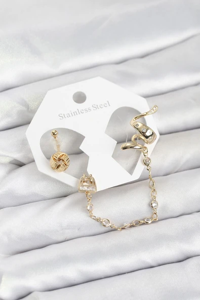 Pirinç Gold Renk Yılan Model Zincir Bağlantılı Ear Cuff Küpe Seti ürün görseli 1