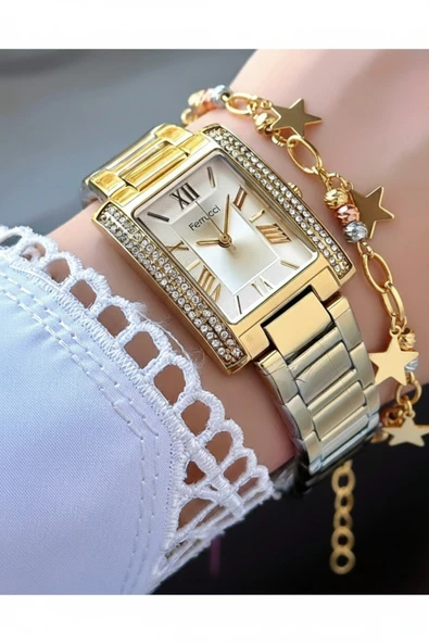 Dikdörtgen Taşlı Rose Gold Metal Kordon Kadın Kol Saati  Altın ürün görseli 1