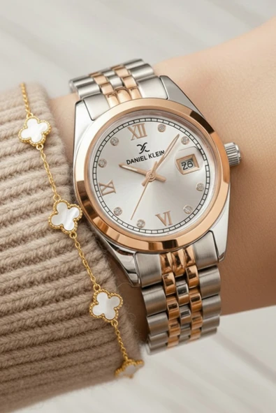 Kadın Rose Gold Roma Rakamlı, Taşlı Kadran, Bileklik Hediye Takvimli Kadın Kol Saati  Gümüş Rose ürün görseli 1