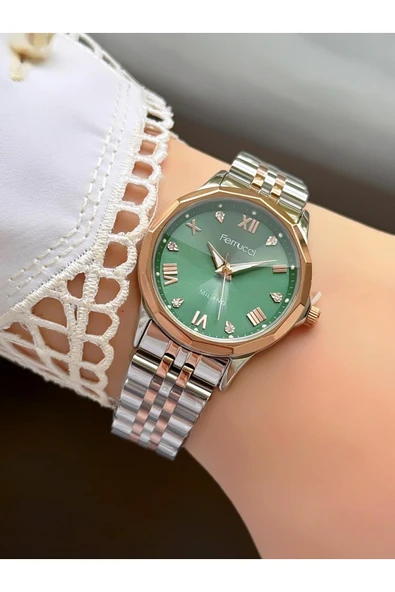 Milano Yuvarlak Yeşil Kadran Rose Gold Gümüş Metal Kordon Kadın Kol Saati  Gümüş Rose ürün görseli 1