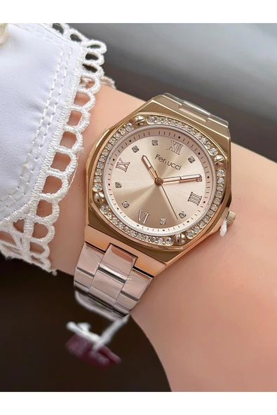 Kadın Yuvarlak Taşlı Kadran Rose Gold Metal Kordon Kol Saati  Rose ürün görseli 1