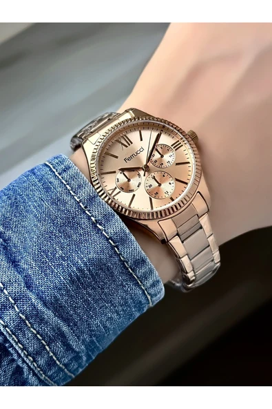 Kadın Gümüş Taşlı Çizgili Kadran Göstergeli Metal Kordon Kol Saati  Rose ürün görseli 1