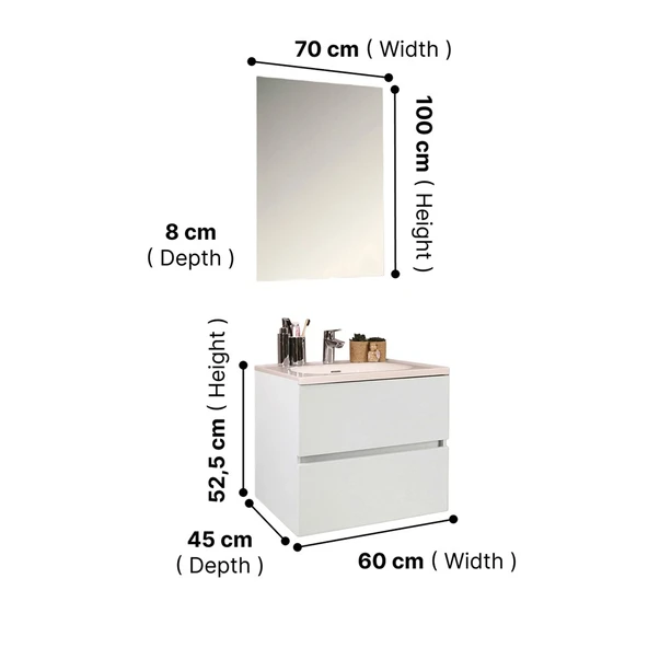 Kobos Simple 60 cm Çekmeceli Banyo Dolabı Seti Bianco - Resim 7
