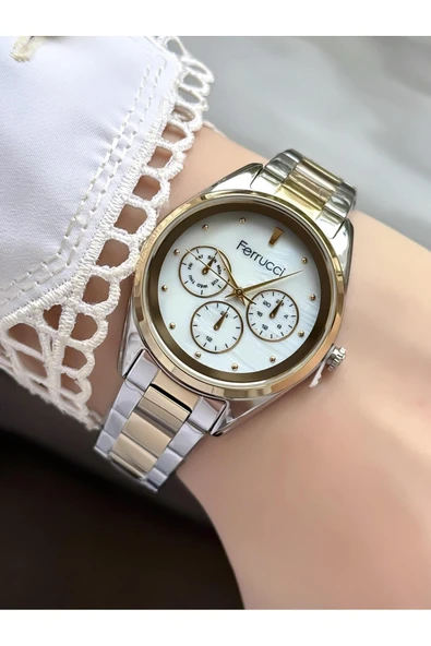 Kadın Yuvarlak Taşlı Kadran Gold Silver Metal Kordon Kol Saati  Gümüş Altın ürün görseli 1