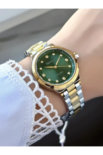 Milano Siyah Taşlı Kadran Rose Gold & Gümüş Metal Kordon Kadın Kol Saati  Gümüş Altın Yeşil ürün görseli 1