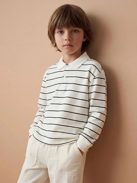 LCW Kids Bej Polo Yaka Çizgili Erkek Çocuk Tişört ürün görseli 1