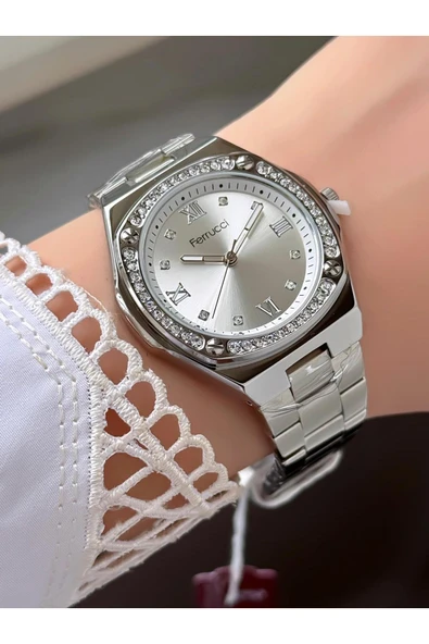 Kadın Yuvarlak Taşlı Kadran Rose Gold Metal Kordon Kol Saati  Gümüş ürün görseli 1