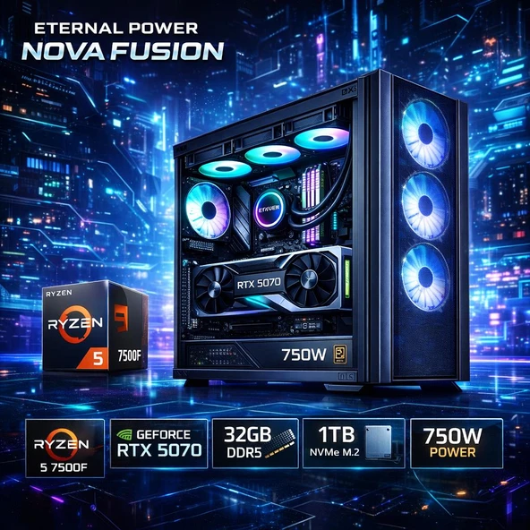 Eternal Power NOVA FUSION Ryzen 5 7500F RTX 5070 32GB DDR5 1TB M.2 B650M WIFI 750W 360mm Gaming PC ürün görseli 1