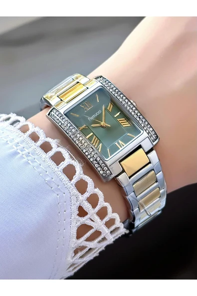 Dikdörtgen Taşlı Rose Gold Metal Kordon Kadın Kol Saati  Gümüş Altın Yeşil ürün görseli 1