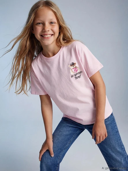 LCW Kids Pembe Bisiklet Yaka Baskılı Kız Çocuk Tişört ürün görseli 1