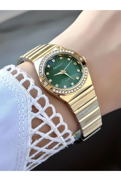 Kadın Saat Gümüş Gold Metal Kordon Taşlı Yeşil Kadranlı Kol Saati  Altın ürün görseli 1