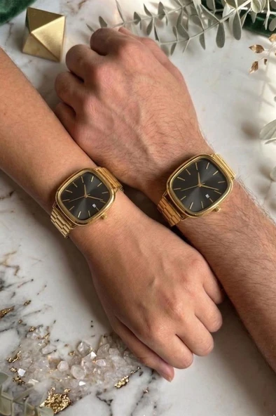 Helios Dikdörtgen Kasa Siyah Kadran Gold Kordon Takvim Detaylı Çift Saati ürün görseli 1