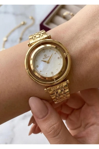 Kadın Gold Gümüş Metal Kordon Taş Detaylı Kol Saati 2 Yıl Garantili  Altın ürün görseli 1