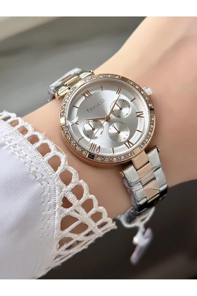 Kadın Yuvarlak Taşlı Beyaz Kadran Silver Metal Kordon Kol Saati  Gümüş Rose ürün görseli 1
