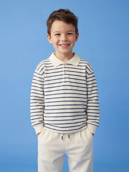 LCW Kids Bej Polo Yaka Çizgili Erkek Çocuk Tişört ürün görseli 1