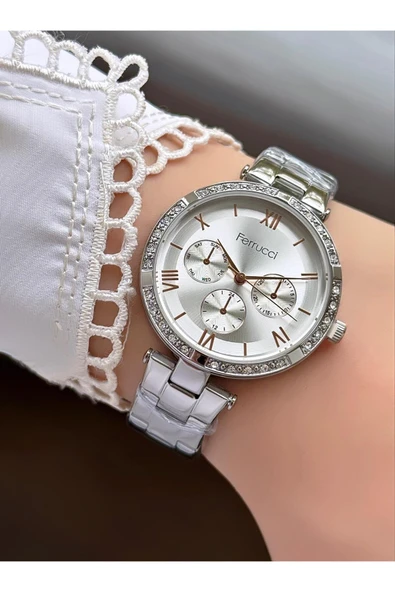 Kadın Yuvarlak Taşlı Beyaz Kadran Silver Metal Kordon Kol Saati  Gümüş ürün görseli 1