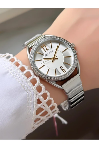 Kadın Yuvarlak Taşlı Çerçeve Beyaz Kadran Gold Metal Kordon Kol Saati  Gümüş ürün görseli 1