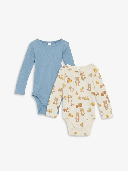 LCW baby Ekru Bisiklet Yaka Baskılı Erkek Bebek Çıtçıtlı Bodysuit 2'li ürün görseli 1