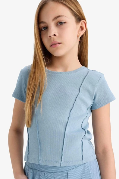 Defacto C0104 Mavi Kız Çocuk Slim Fit Dar Kesim Bisiklet Yaka Basic Düz Ribana Kısa Kollu Tişört ürün görseli 1