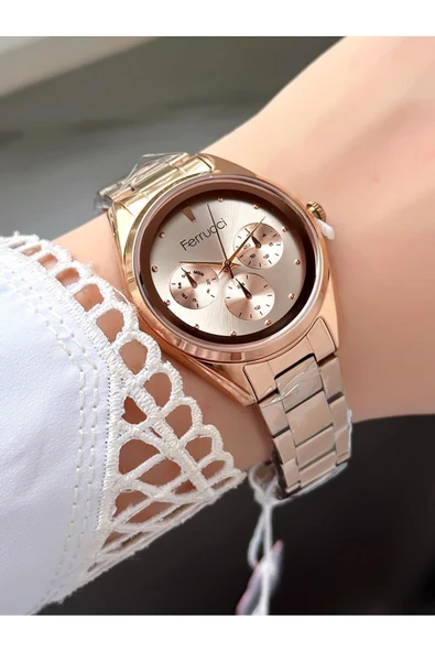 Kadın Yuvarlak Taşlı Kadran Gold Silver Metal Kordon Kol Saati  Rose ürün görseli 1