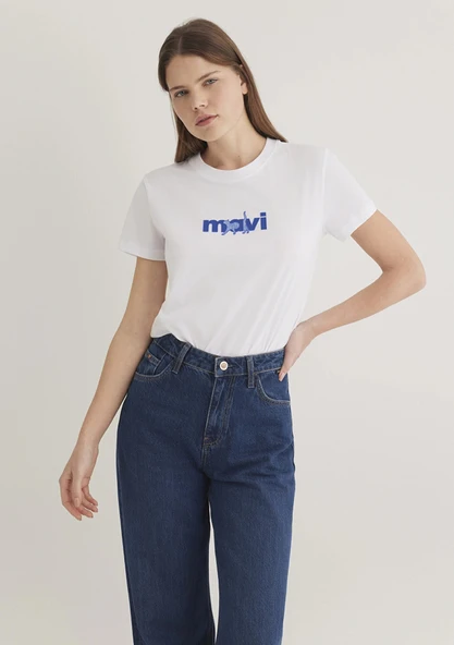 Mavi 1613287-620 Mavi Kedi Baskılı Beyaz Tişört ürün görseli 1