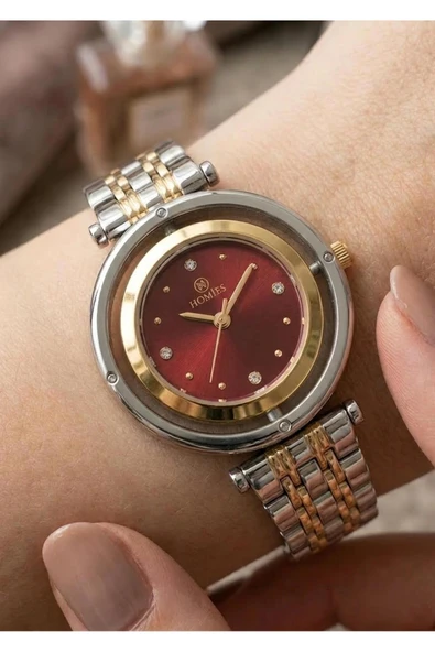 Kadın Gold Gümüş Metal Kordon Taş Detaylı Kol Saati 2 Yıl Garantili  Gümüş Altın Kırmızı ürün görseli 1