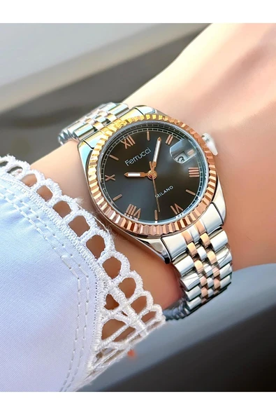 Rose Gold Beyaz Kadran Metal Kordon Kadın Kol Saati  Gümüş Rose Siyah ürün görseli 1