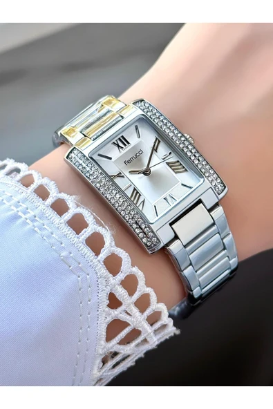 Dikdörtgen Taşlı Rose Gold Metal Kordon Kadın Kol Saati  Gümüş ürün görseli 1