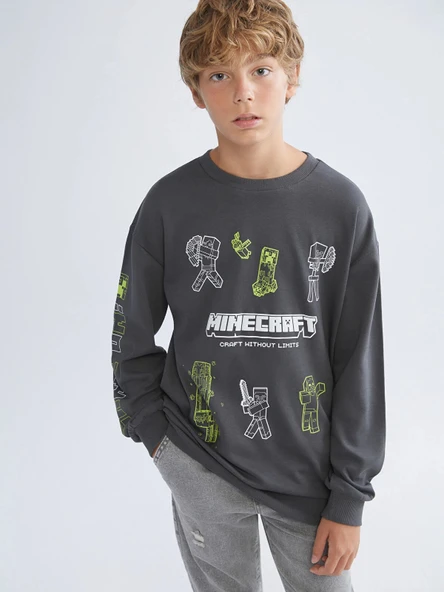 LC WAIKIKI Antrasit Bisiklet Yaka Minecraft Baskılı Erkek Çocuk Sweatshirt ürün görseli 1