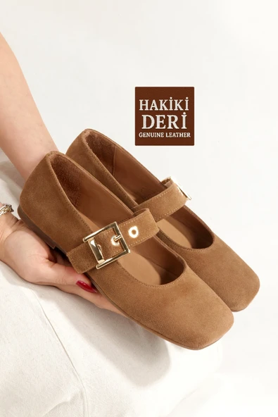 Tarçın Renk Hakiki Süet Deri Mary Jane Tokalı Babet Ayakkabı MaryKa ürün görseli 1