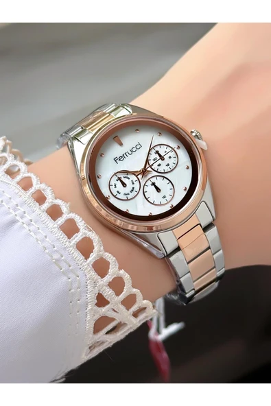 Kadın Yuvarlak Taşlı Kadran Gold Silver Metal Kordon Kol Saati  Gümüş Rose ürün görseli 1