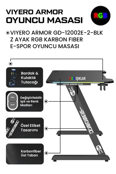 VIYERO ARMOR GD-12002E-2-BLK Z AYAK RGB KARBON FIBER E-SPOR OYUNCU MASASI - Resim 7