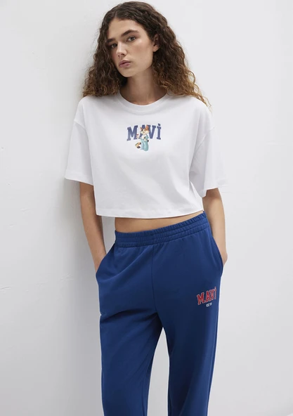 Mavi 1613284-620 Kedi Logo Baskılı Beyaz Tişört ürün görseli 1