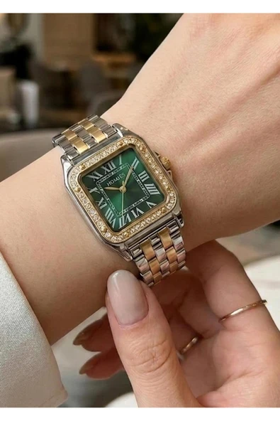 Kadın Gold Gümüş Metal Kordon Yeşil Taş Detaylı Kol Saati 2 Yıl Garantili ürün görseli 1