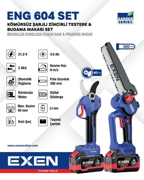 Exen ENG 604 Set 21 V 2x4 Ah Çift Akü Kömürsüz Şarjlı Testere ve Makas Seti ürün görseli 1