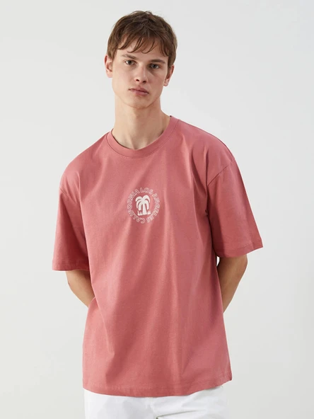 XSIDE Pembe Bisiklet Yaka Baskılı Penye Erkek Tişört ürün görseli 1