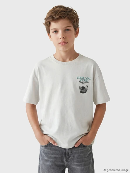 LCW Kids Bej Bisiklet Yaka Baskılı Erkek Çocuk Tişört ürün görseli 1