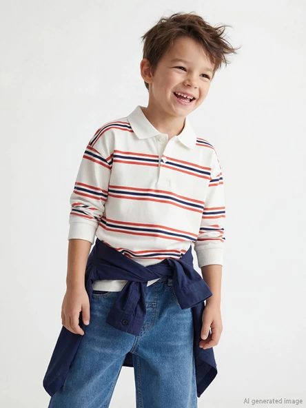 LCW Kids Bej Polo Yaka Çizgili Erkek Çocuk Tişört ürün görseli 1