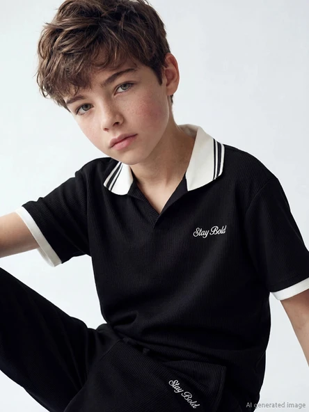 LCW Kids Siyah Polo Yaka Nakışlı Erkek Çocuk Tişört ürün görseli 1