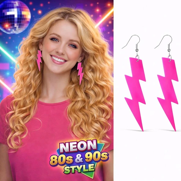 80’ler 90'lar Retro Neon Pembe Şimşek Küpe 10 cm ürün görseli 1