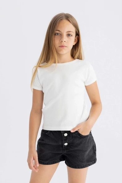 Defacto B3053A8WT16 Beyaz Slim Fit Dar Kesim Bisiklet Yaka Basic Düz Fitilli Kaşkorse Kısa Kollu Tişört Kız Çocuk ürün görseli 1